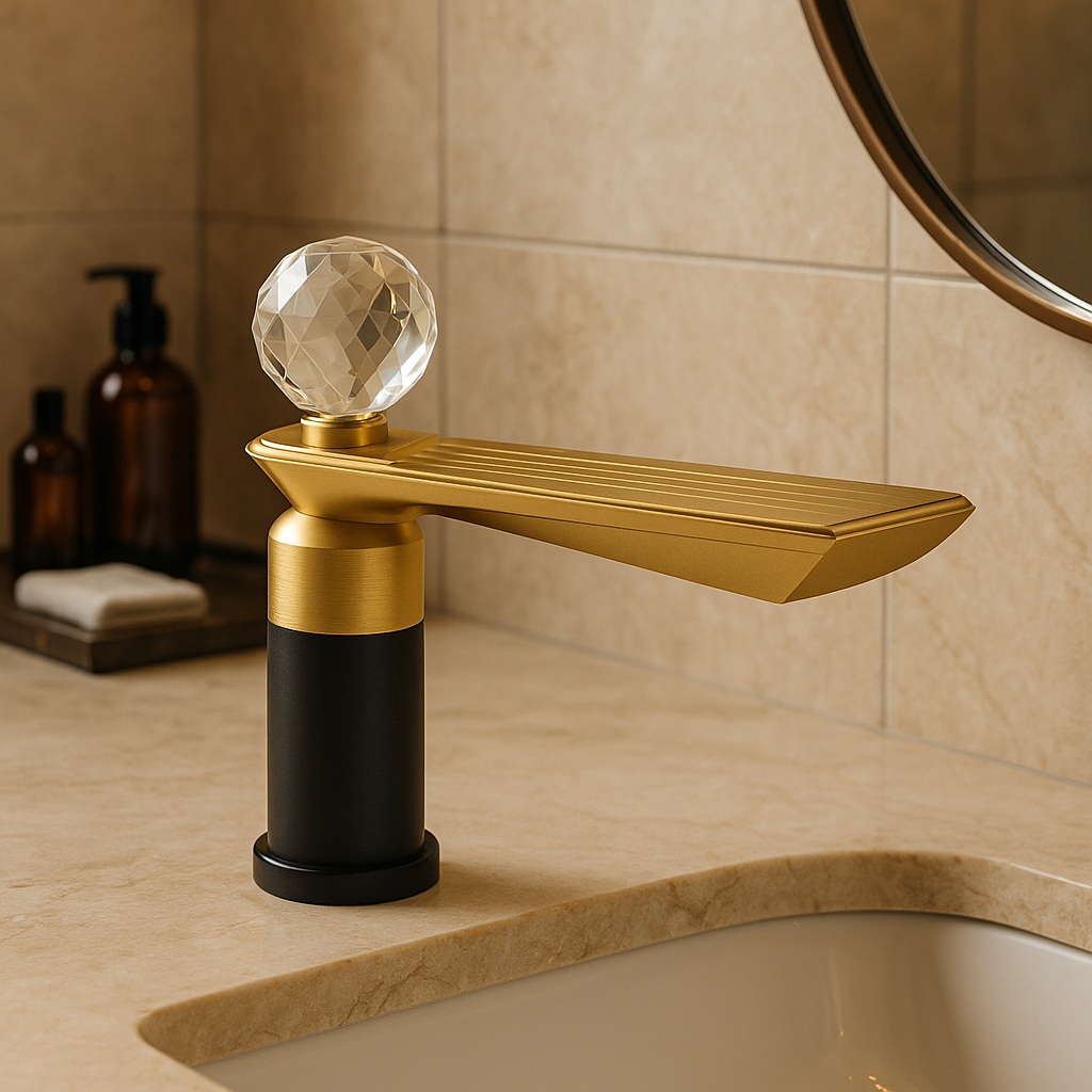 Architectural restroom touchless faucet in solid brass with polished finish